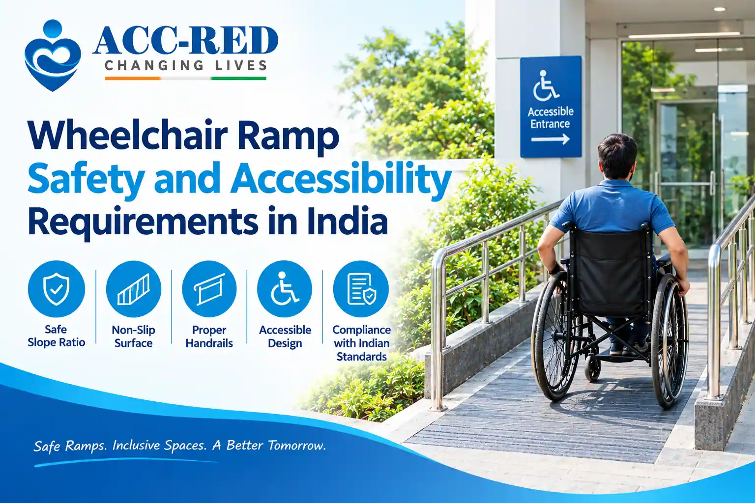 Wheelchair ramp safety considerations including slope, non-slip surface and handrails