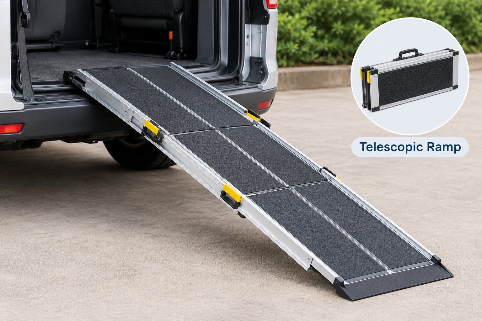 Telescopic wheelchair ramp tracks extending from a vehicle